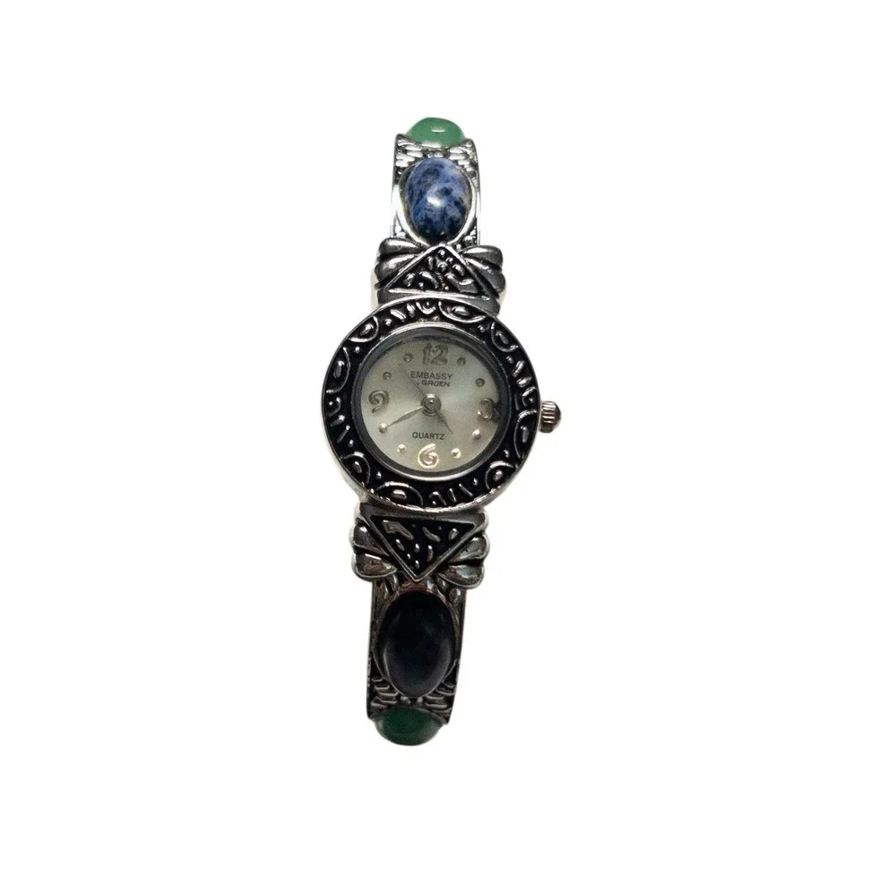 Western‎ Silver Bangle Watch Embassy By Gruen Multicolor Stones 22mm Adjustable